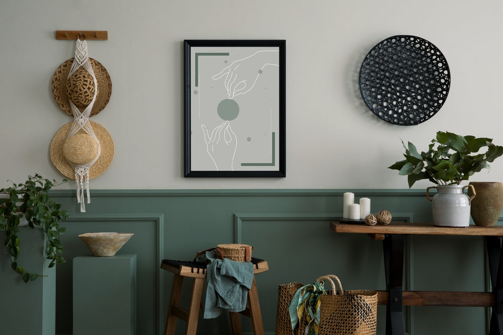 living room interior with green wall panelling